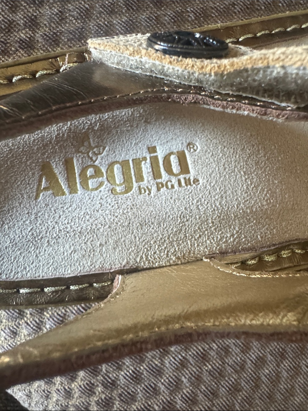 Alegria Metallic Gold and Champagne T-Strap Sandals - Picture 4 of 6